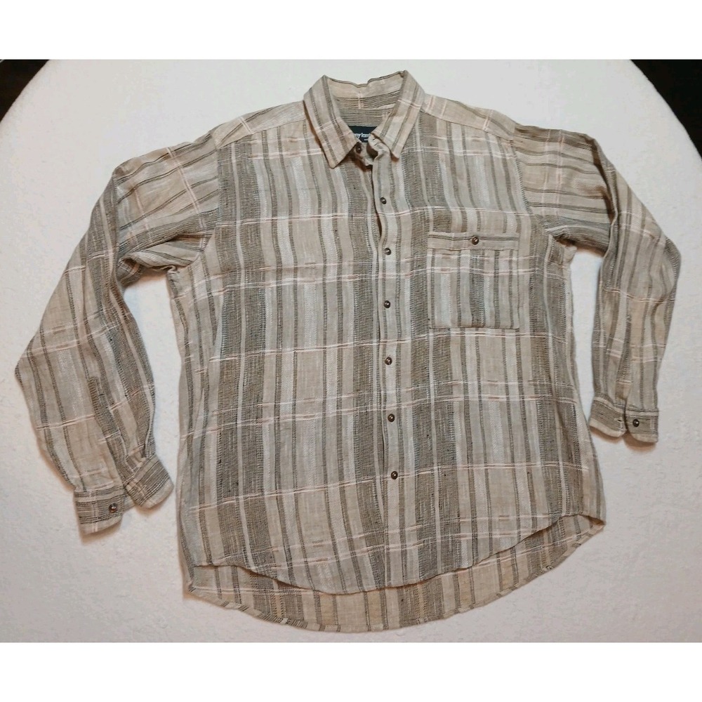 Vtg 90s Tony Lambert Men L Dobby Textured Plaid Shirt Button Up Earth Tone USA
